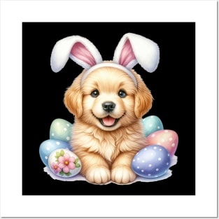 Puppy Golden Retriever Bunny Ears Easter Eggs Happy Easter Posters and Art